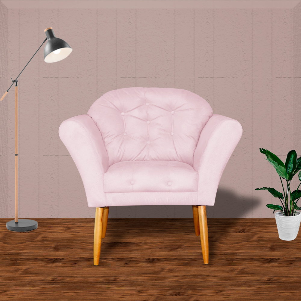 Kit 02 Poltronas Decorativa Amélia Pés Palito Suede Rosa Bebê