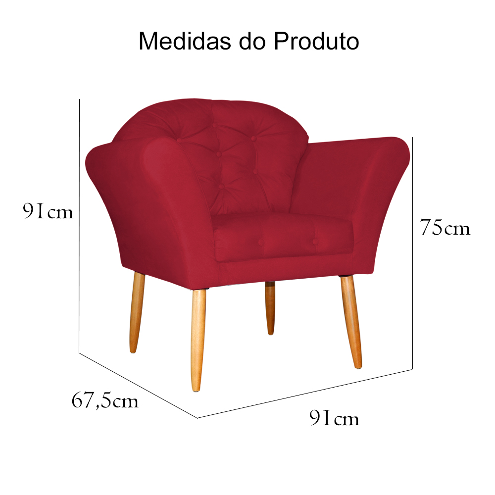 Kit 02 Poltronas Decorativa Amélia Pés Palito Suede Vermelho