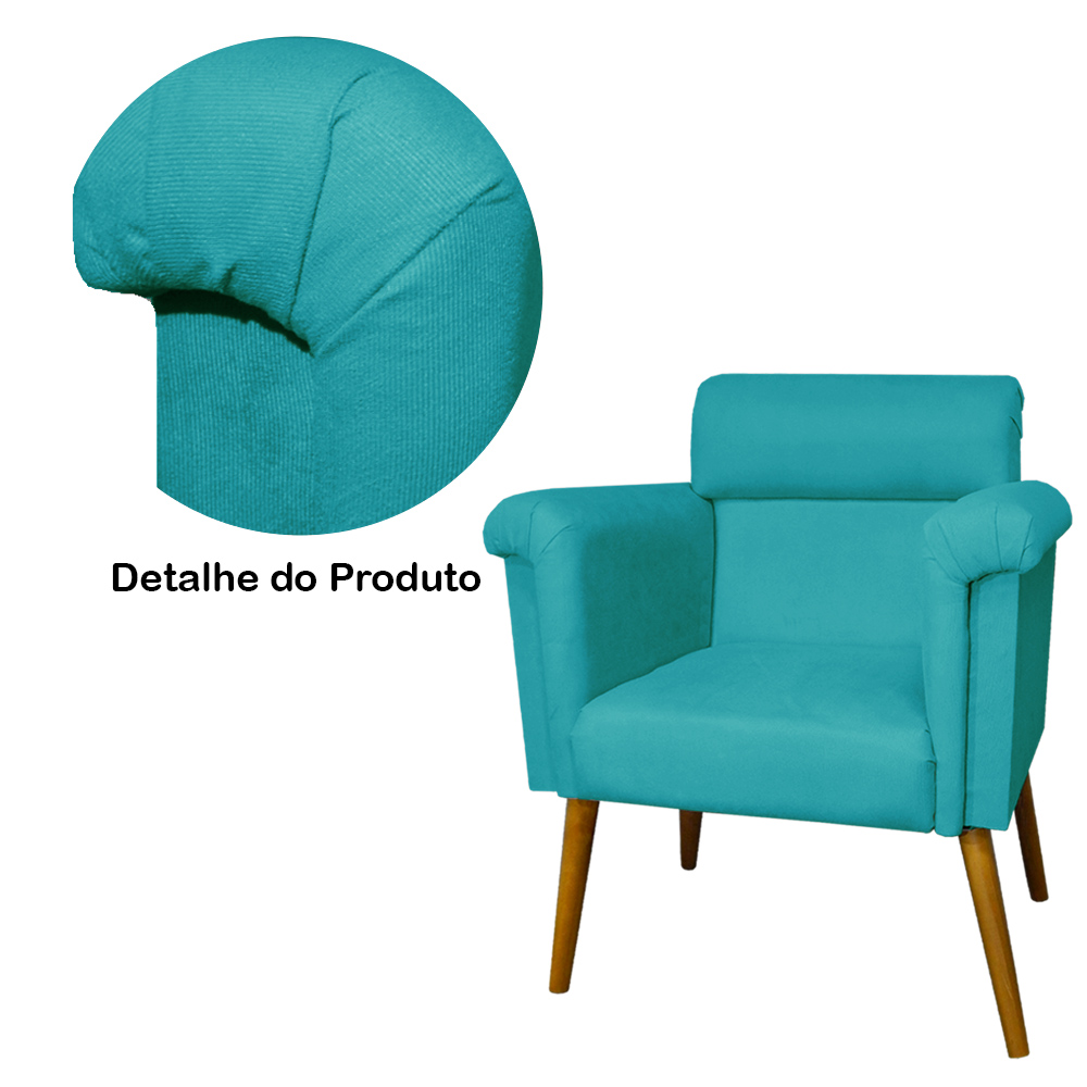 Kit 02 Poltronas Decorativa Elisa Pés Palito Suede Azul Turquesa