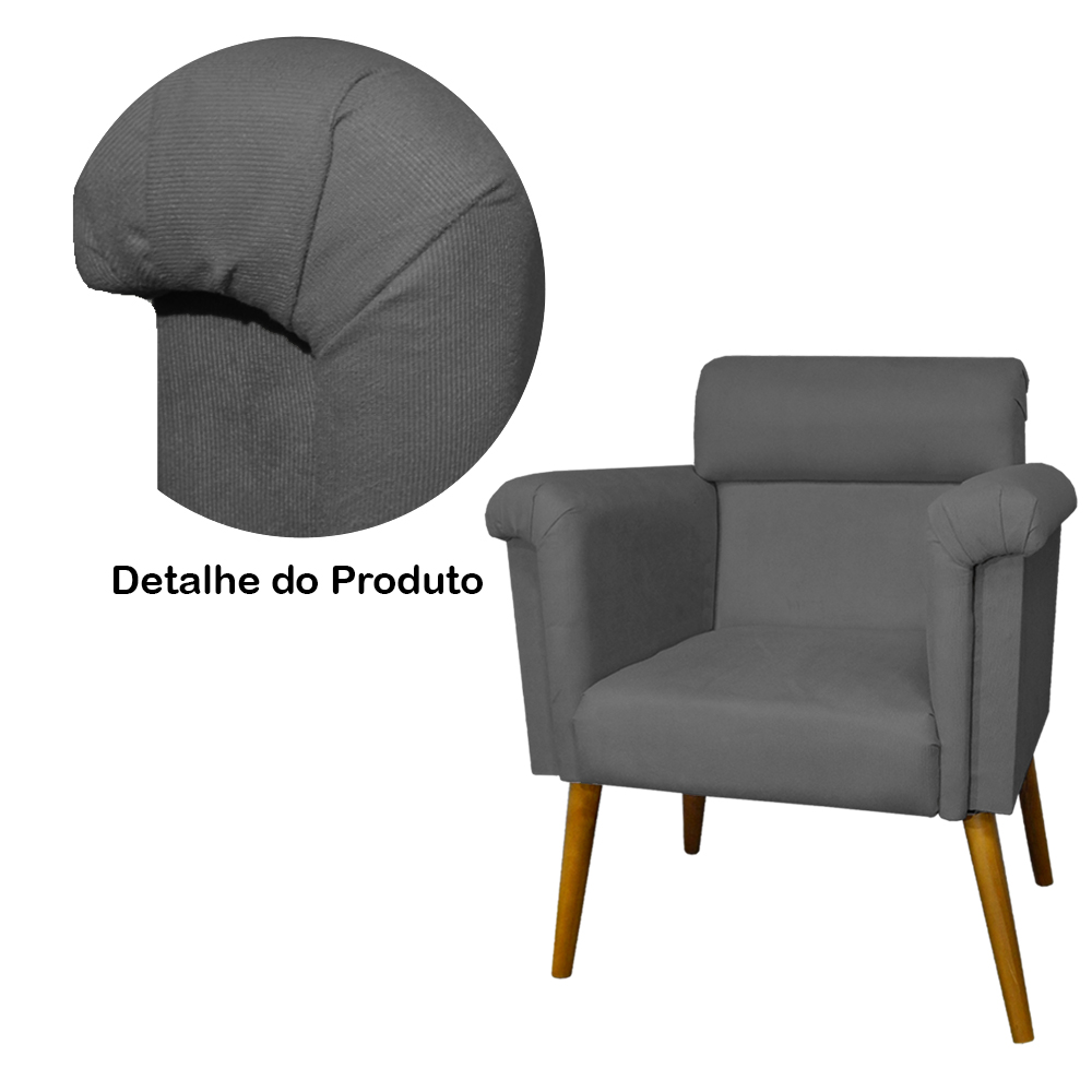 Kit 02 Poltronas Decorativa Elisa Pés Palito Suede Cinza