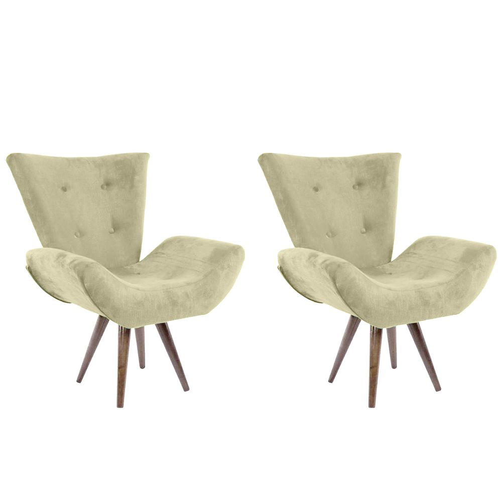 Kit 02 Poltronas Decorativa Emília Pés Tabaco Suede Bege - DS Móveis