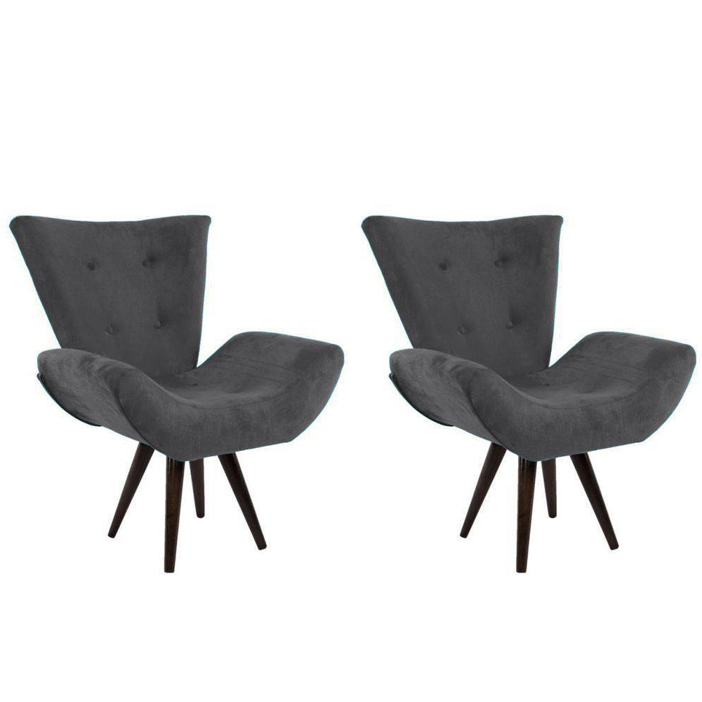 Kit 02 Poltronas Decorativa Emília Pés Tabaco Suede Cinza - DS Móveis
