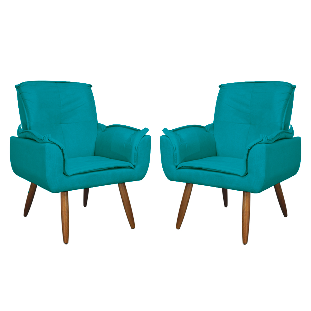 Kit 02 Poltronas Decorativa Emília Plus Suede Azul Turquesa - Ds Móveis