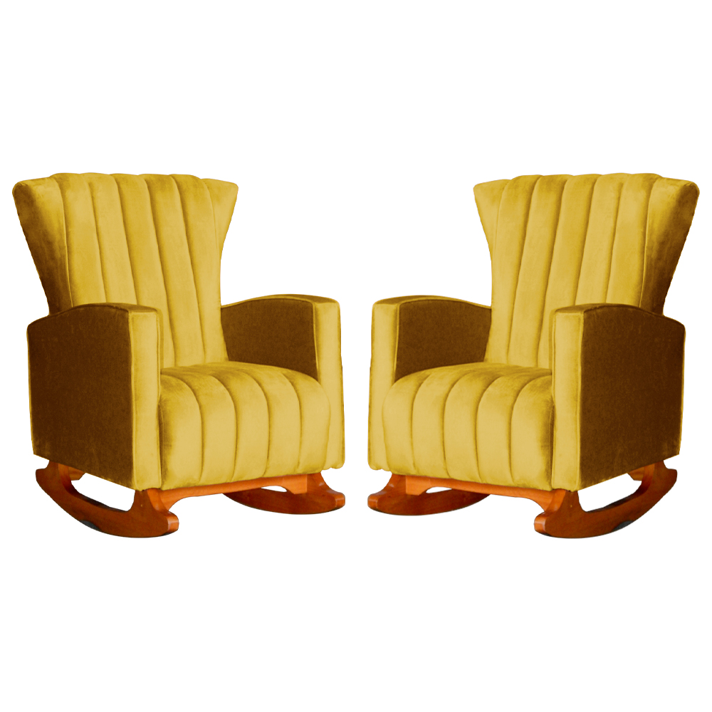 Kit 02 Poltronas Decorativa Melinda Pés Balanço Veludo Amarelo