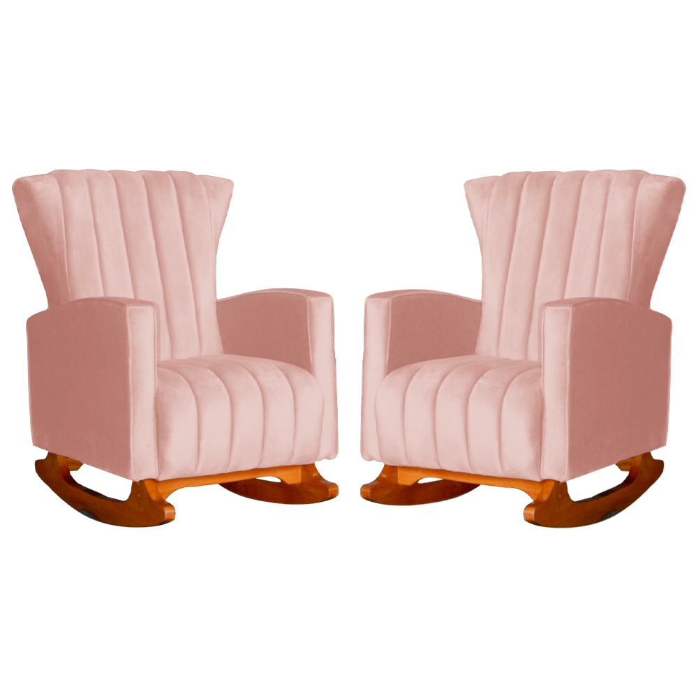Kit 02 Poltronas Decorativa Melinda Pés Balanço Veludo Rosa
