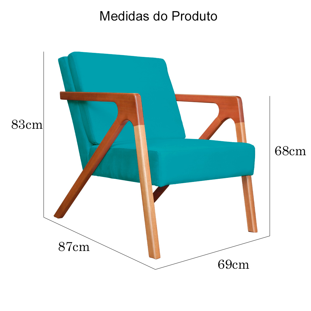 Kit 02 Poltronas Decorativa Monalisa para Sala Pequena Suede Azul Turquesa