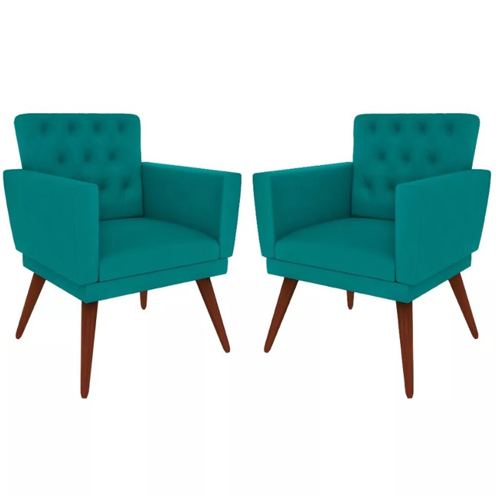Kit 02 Poltronas Decorativa Pés Palito Nina Encosto Estilo Capitonê Azul - DS Móveis