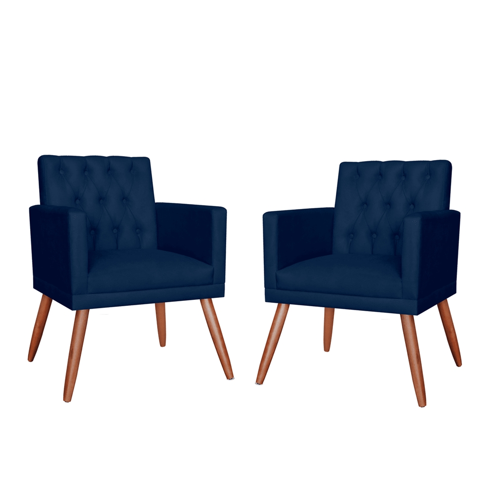 Kit 02 Poltronas Decorativa Pés Palito Nina Encosto Estilo Capitonê Azul Marinho - DS Móveis