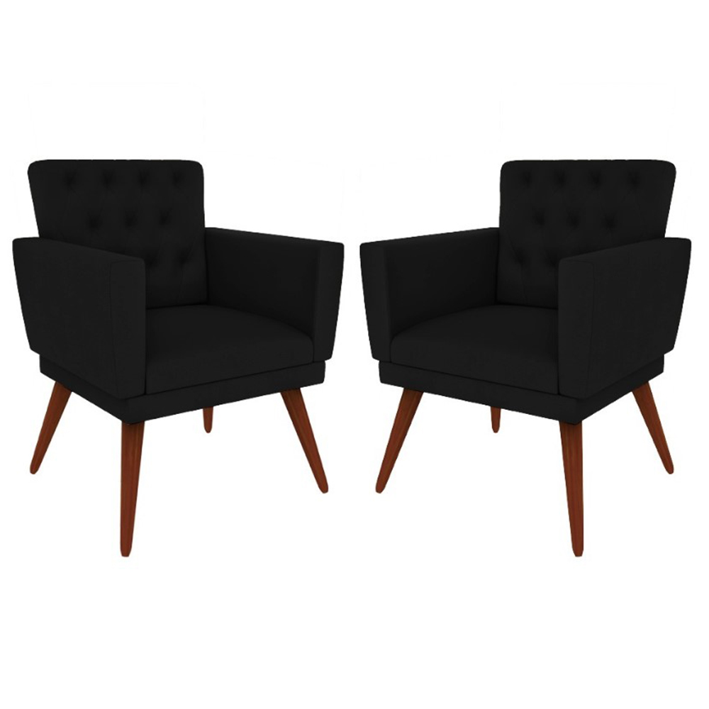 Kit 02 Poltronas Decorativa Pés Palito Nina Encosto Estilo Capitonê Preto - DS Móveis