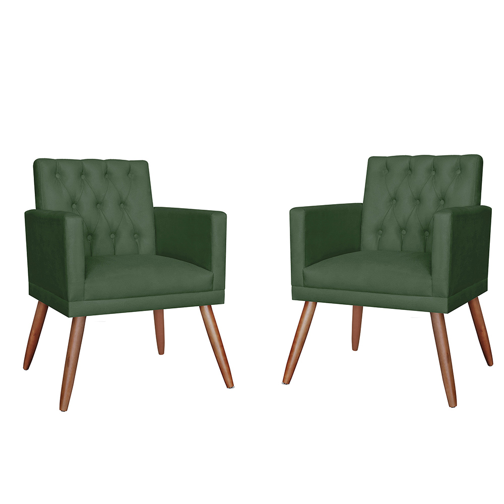 Kit 02 Poltronas Decorativa Pés Palito Nina Encosto Estilo Capitonê Verde - DS Estofados