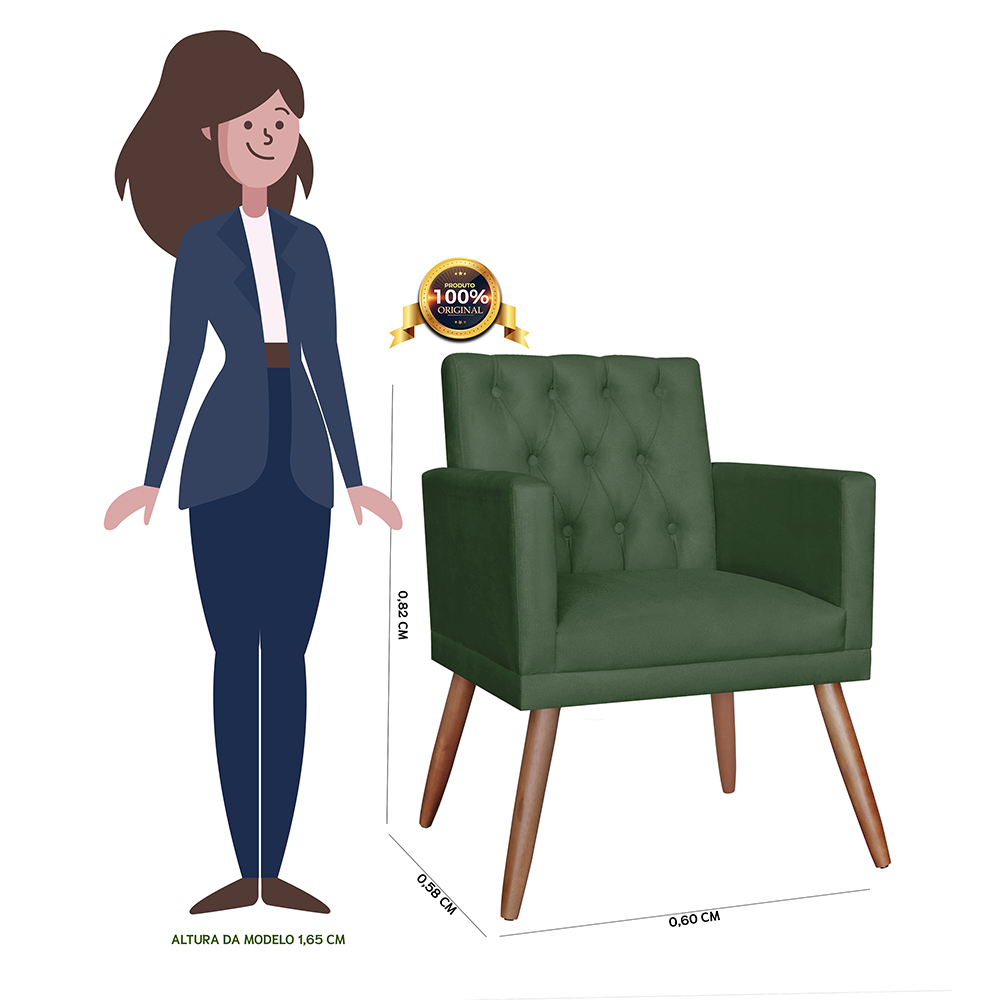Kit 02 Poltronas Decorativa Pés Palito Nina Encosto Estilo Capitonê Verde - DS Estofados