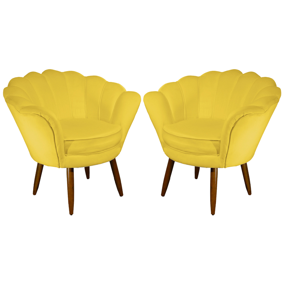 Kit 02 Poltronas Decorativa Pétala Pés Palito Suede Amarelo