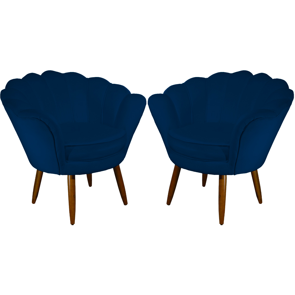 Kit 02 Poltronas Decorativa Pétala Pés Palito Suede Azul Marinho