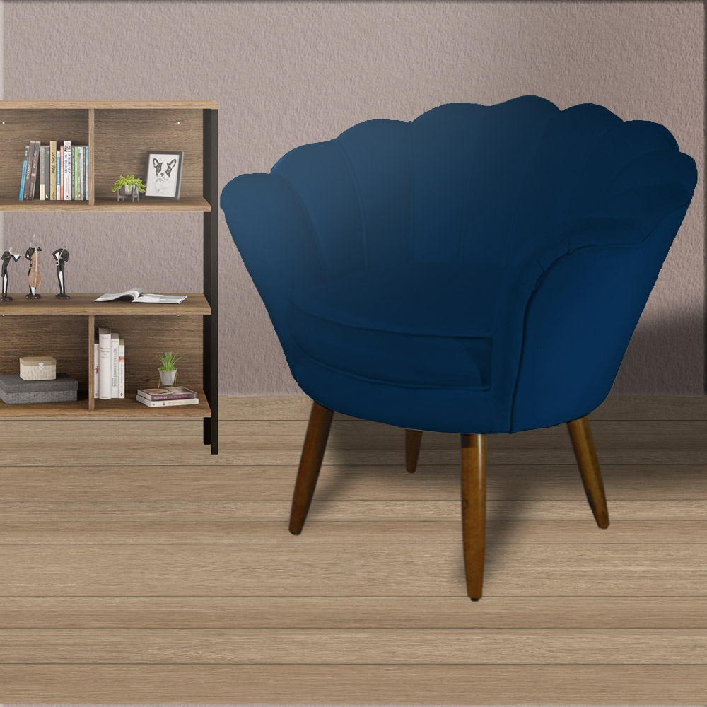 Kit 02 Poltronas Decorativa Pétala Pés Palito Suede Azul Marinho