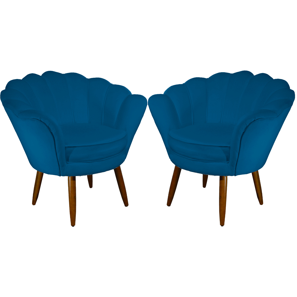 Kit 02 Poltronas Decorativa Pétala Pés Palito Suede Azul Royal