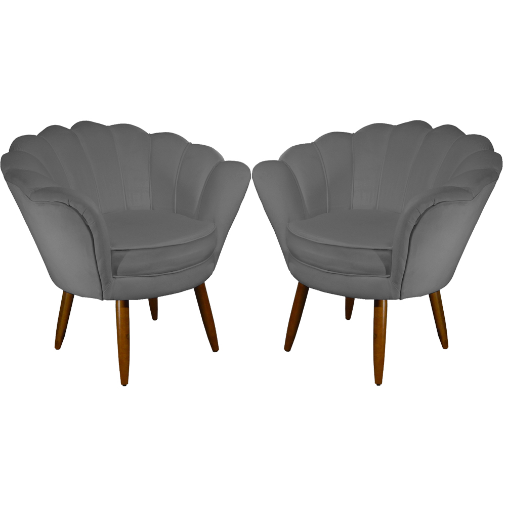 Kit 02 Poltronas Decorativa Pétala Pés Palito Suede Cinza