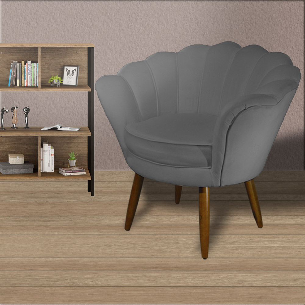 Kit 02 Poltronas Decorativa Pétala Pés Palito Suede Cinza