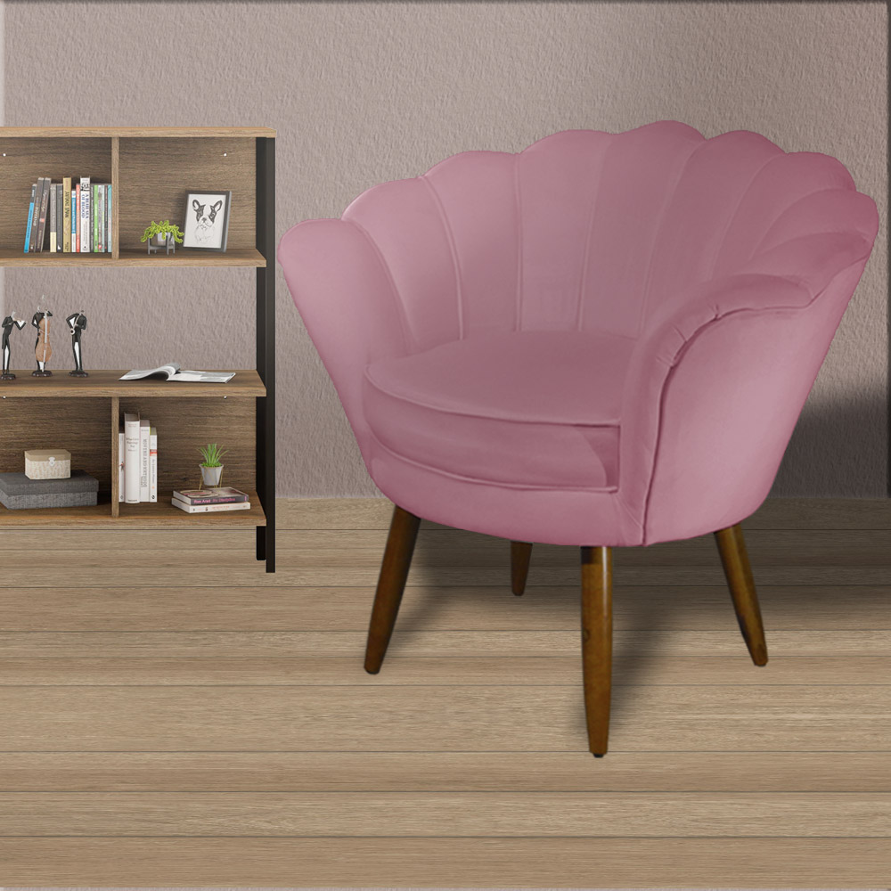 Kit 02 Poltronas Decorativa Pétala Pés Palito Suede Rosa