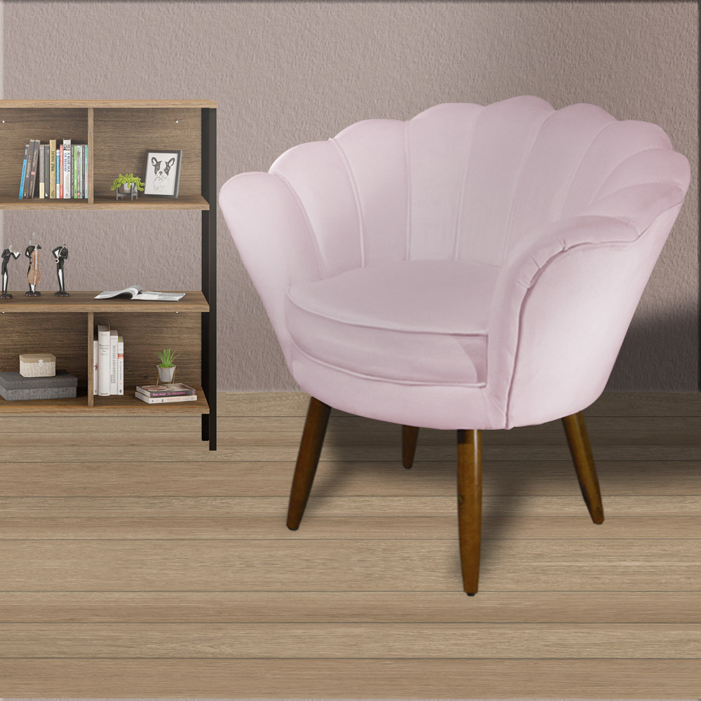 Kit 02 Poltronas Decorativa Pétala Pés Palito Suede Rosa Bebê