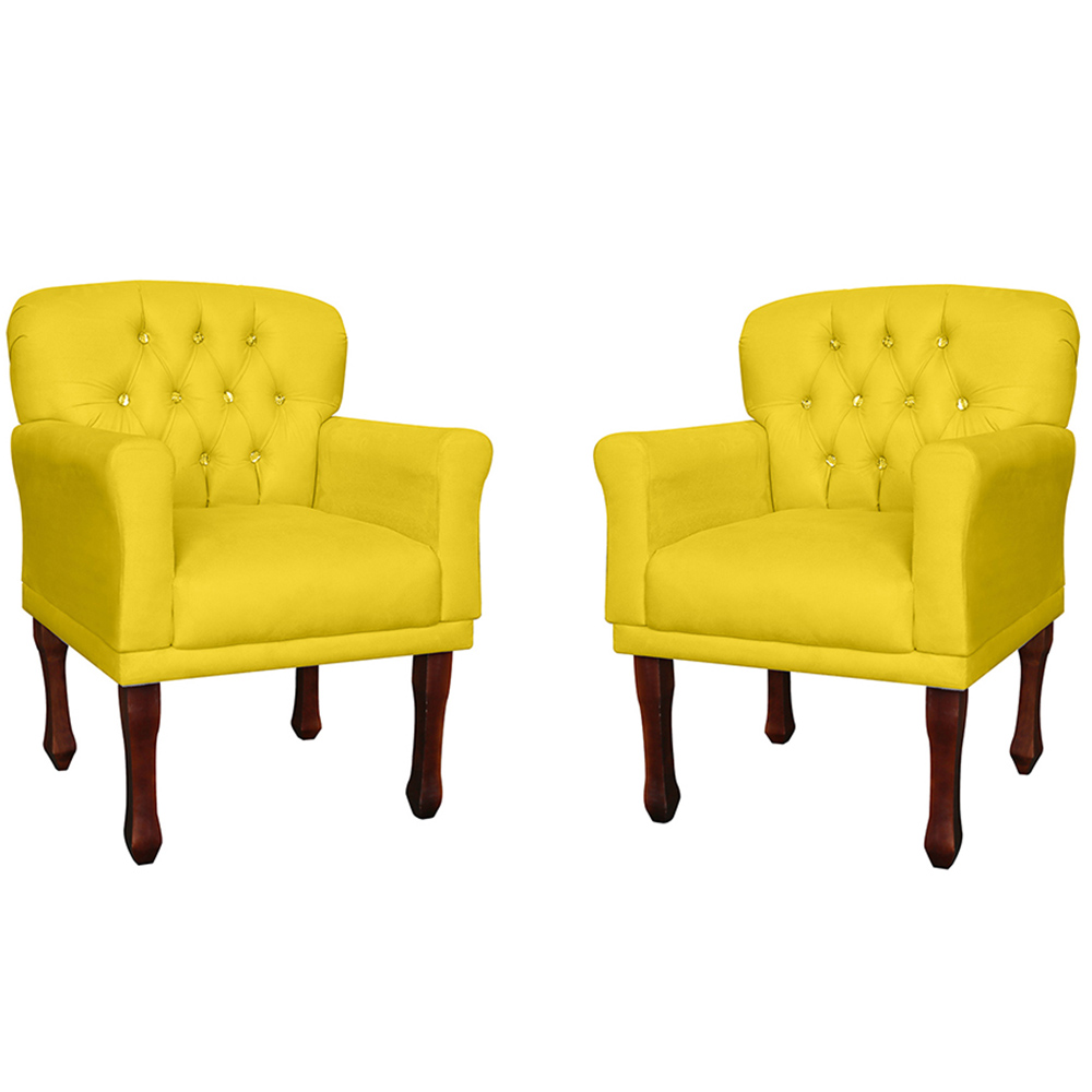 Kit 02 Poltronas Decorativas Anita Pés Luis XV Suede Amarelo - DS Estofados