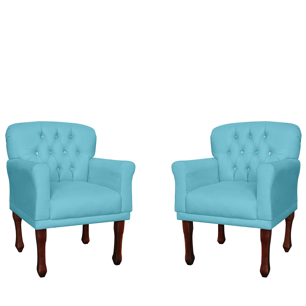 Kit 02 Poltronas Decorativas Anita Pés Luis XV Suede Azul Turquesa - DS Estofados