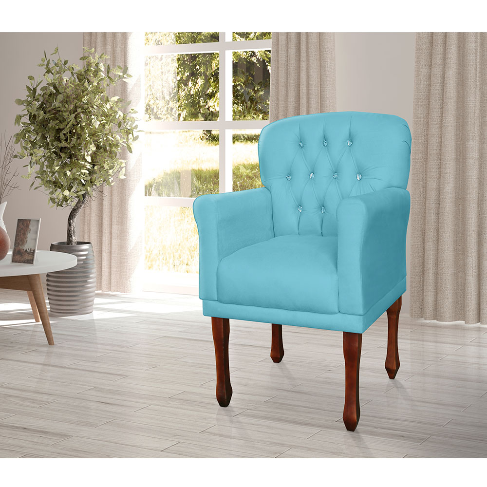 Kit 02 Poltronas Decorativas Anita Pés Luis XV Suede Azul Turquesa - DS Estofados
