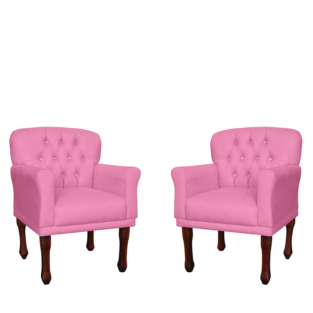 Kit 02 Poltronas Decorativas Anita Pés Luis XV Suede Rosa - DS Estofados