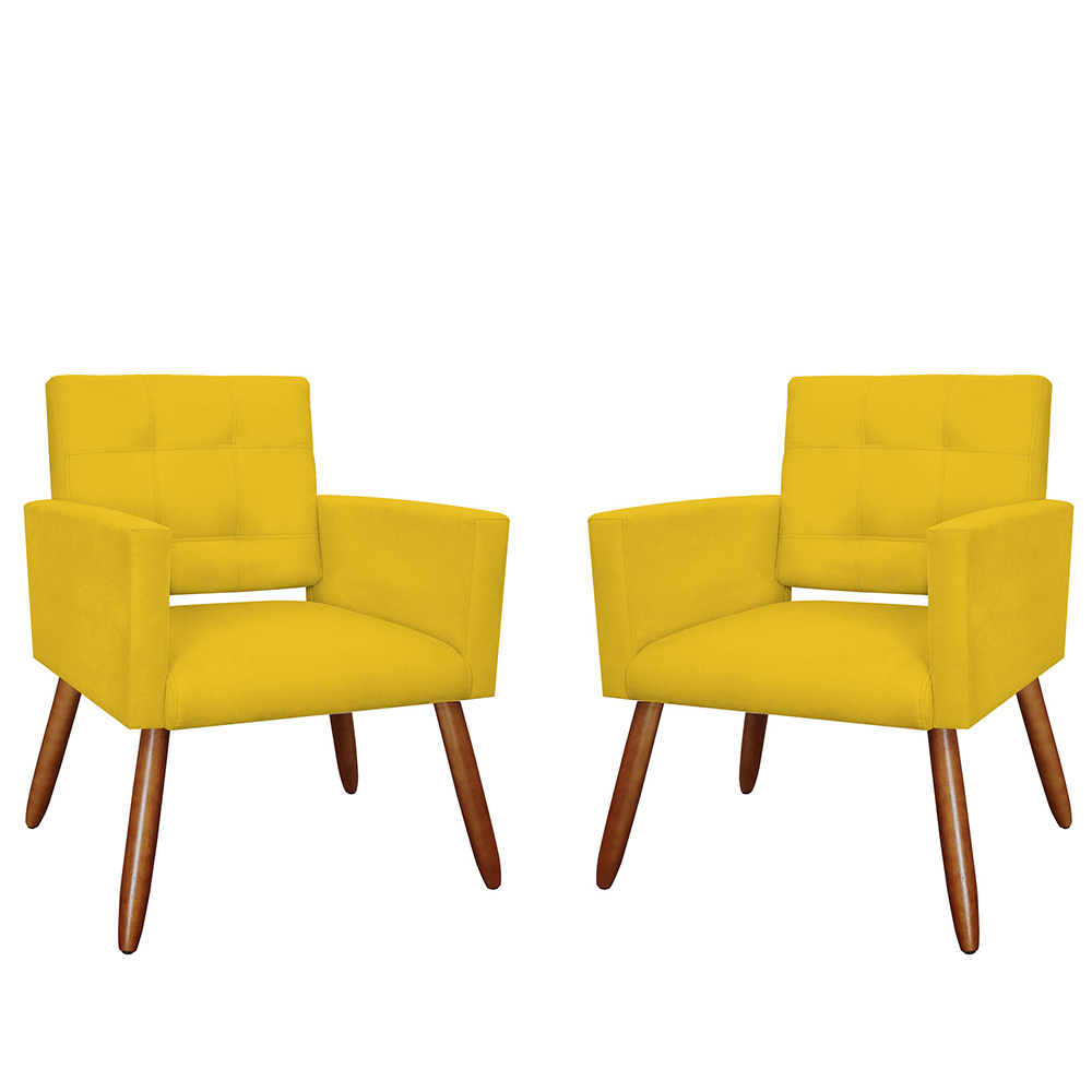 Kit 02 Poltronas Decorativas Camila Pés Palito Suede Amarelo - DS Estofados