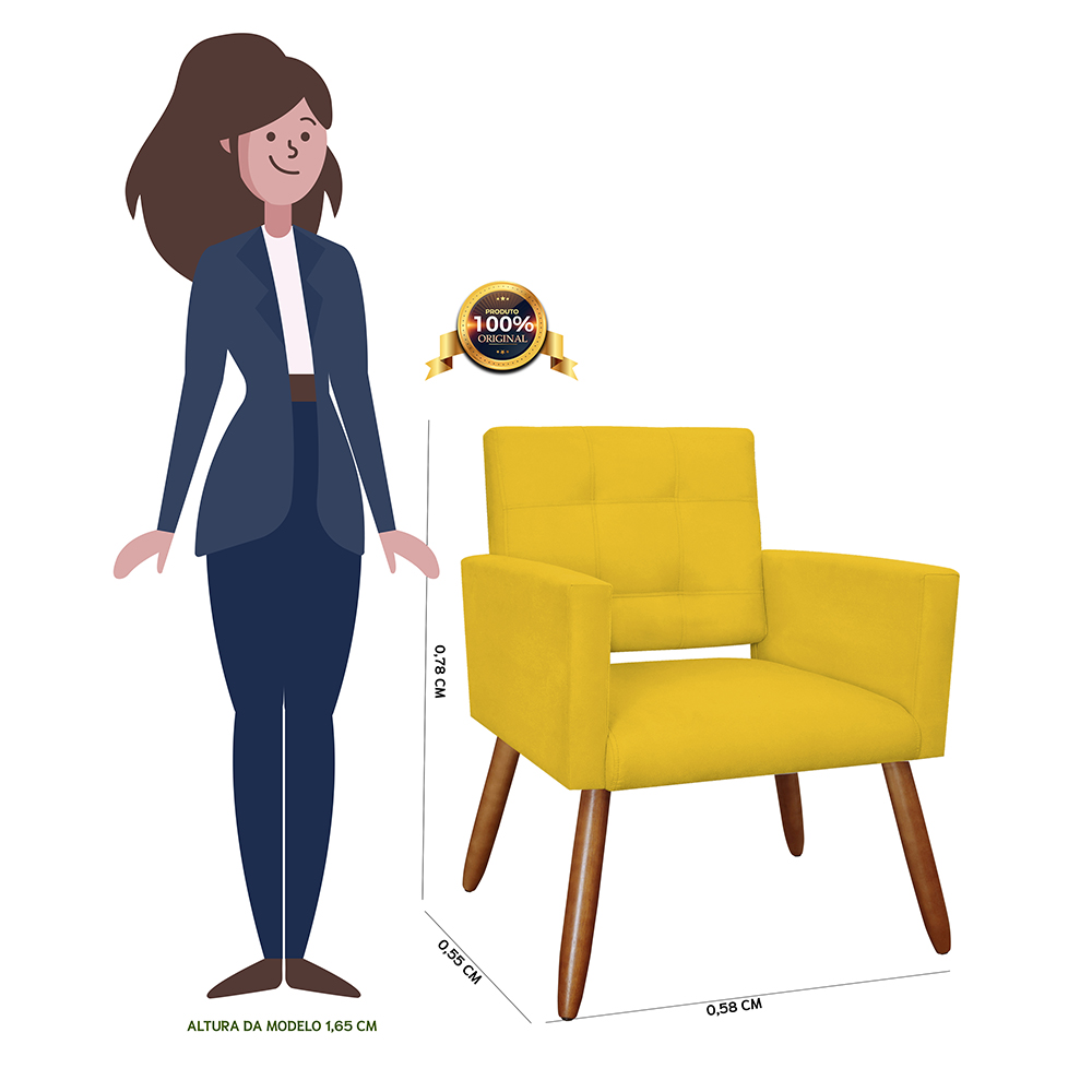 Kit 02 Poltronas Decorativas Camila Pés Palito Suede Amarelo - DS Estofados