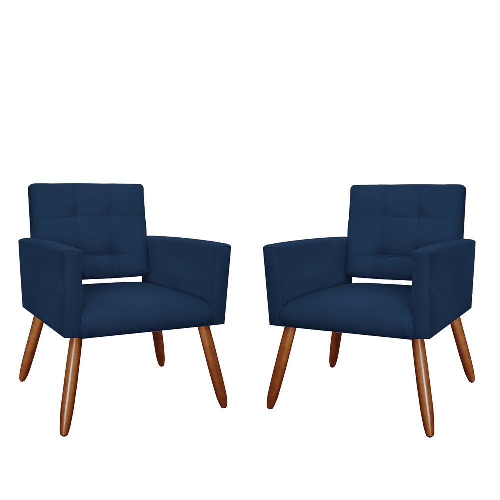 Kit 02 Poltronas Decorativas Camila Pés Palito Suede Azul Marinho - DS Estofados