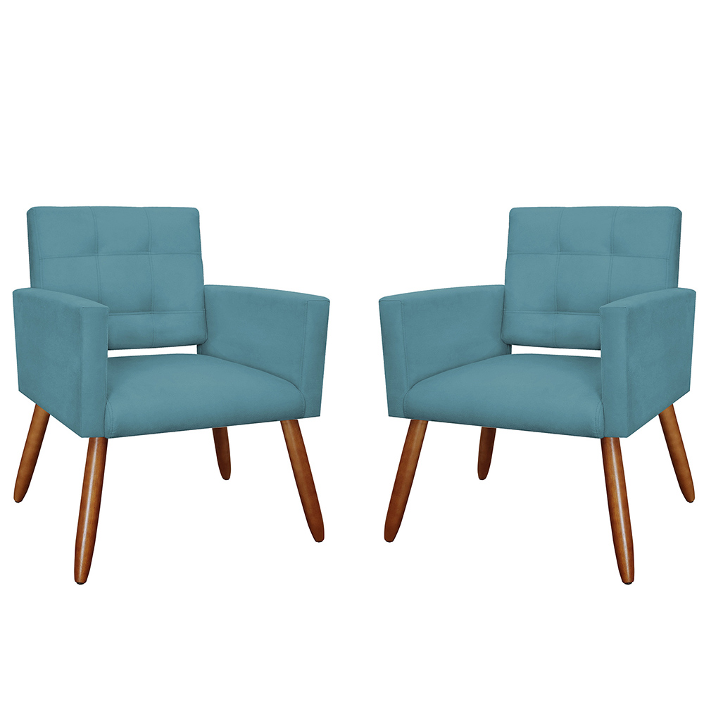 Kit 02 Poltronas Decorativas Camila Pés Palito Suede Azul Turquesa - DS Estofados