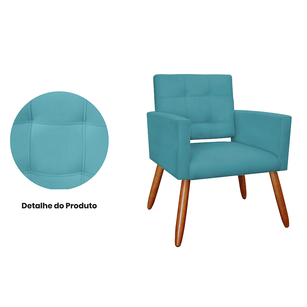 Kit 02 Poltronas Decorativas Camila Pés Palito Suede Azul Turquesa - DS Estofados