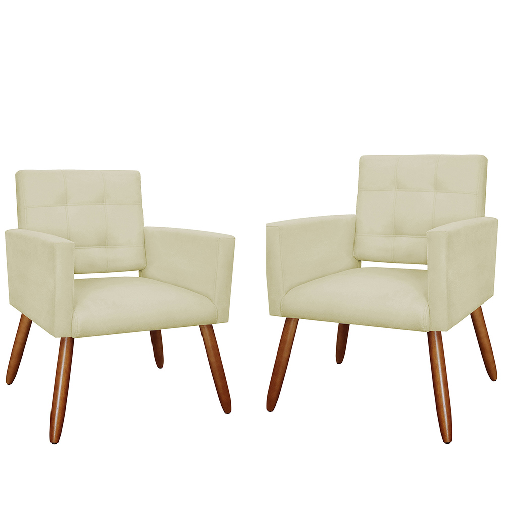 Kit 02 Poltronas Decorativas Camila Pés Palito Suede Bege - DS Estofados
