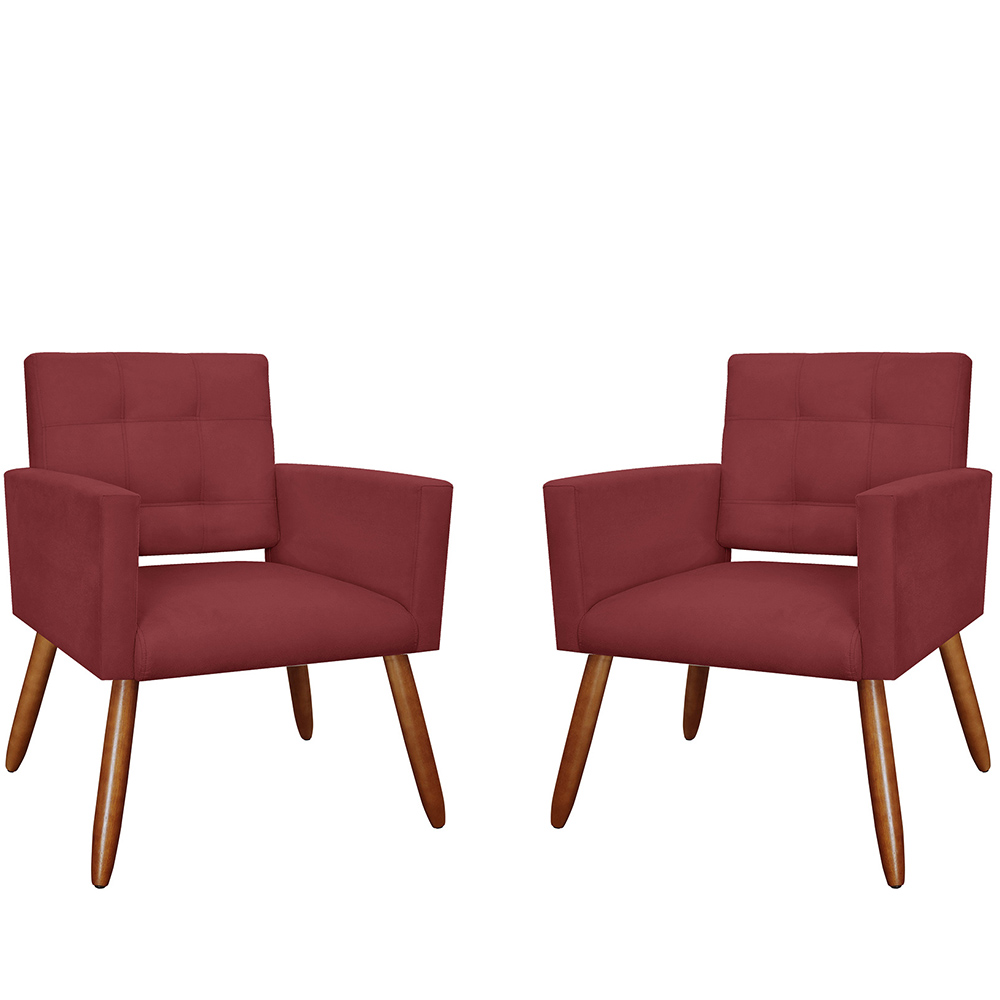Kit 02 Poltronas Decorativas Camila Pés Palito Suede Bordô - DS Estofados
