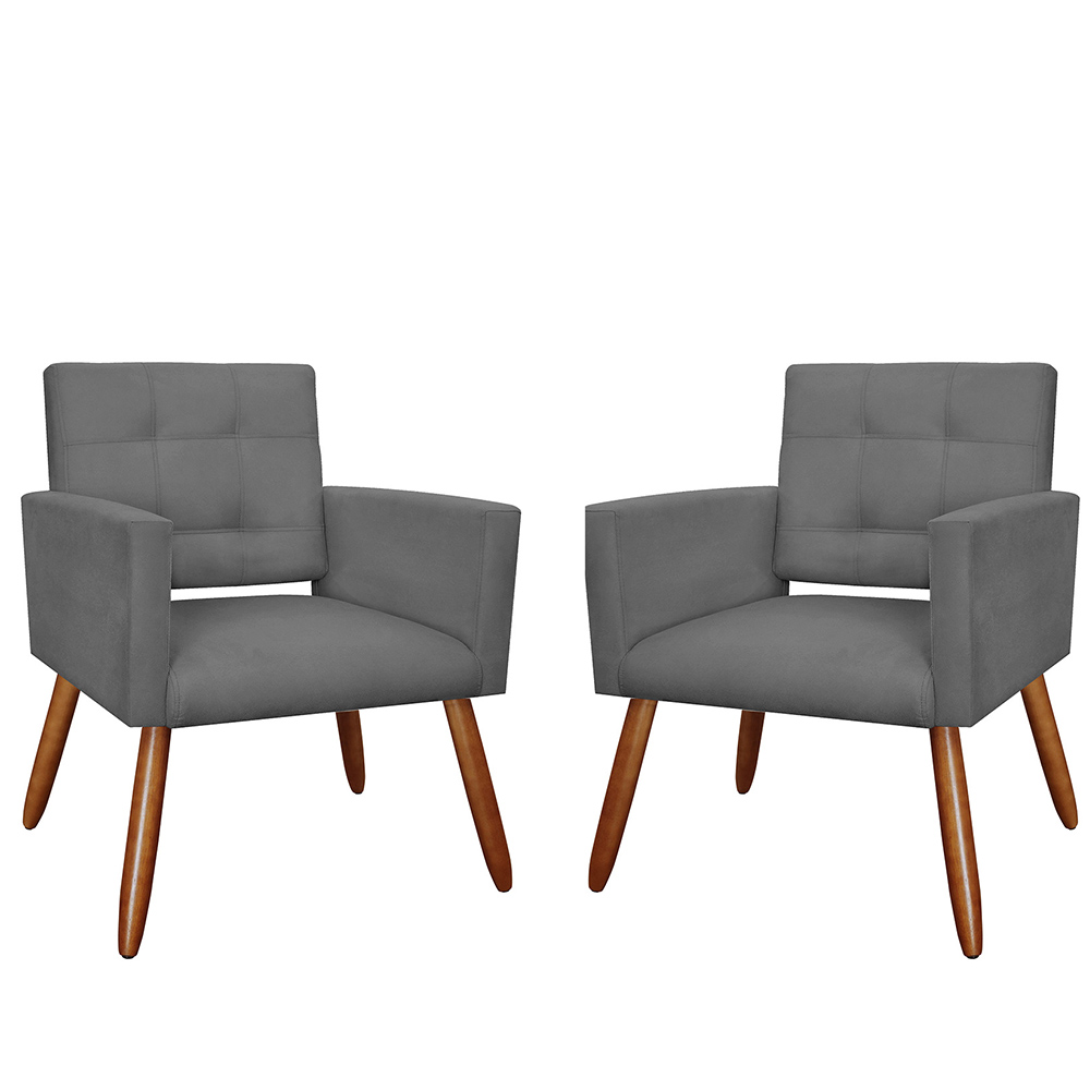 Kit 02 Poltronas Decorativas Camila Pés Palito Suede Cinza - DS Estofados
