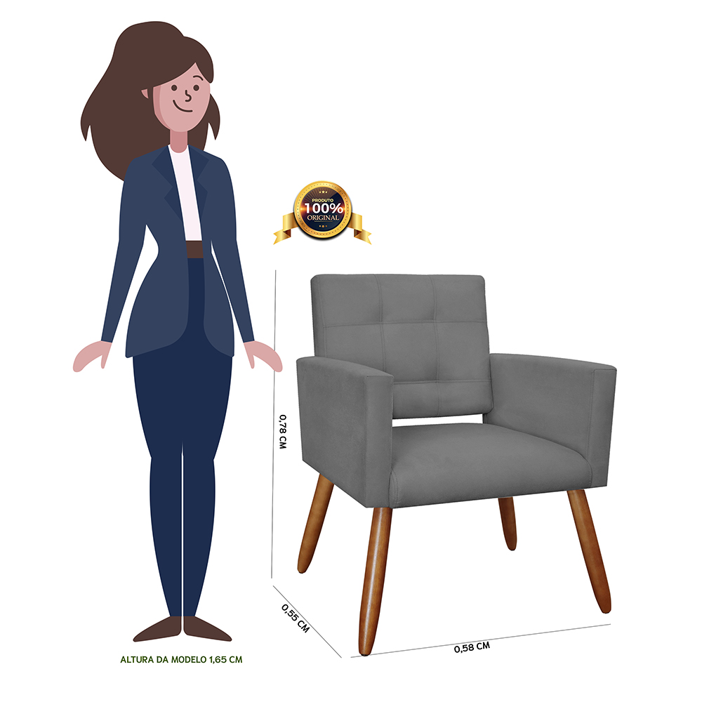 Kit 02 Poltronas Decorativas Camila Pés Palito Suede Cinza - DS Estofados