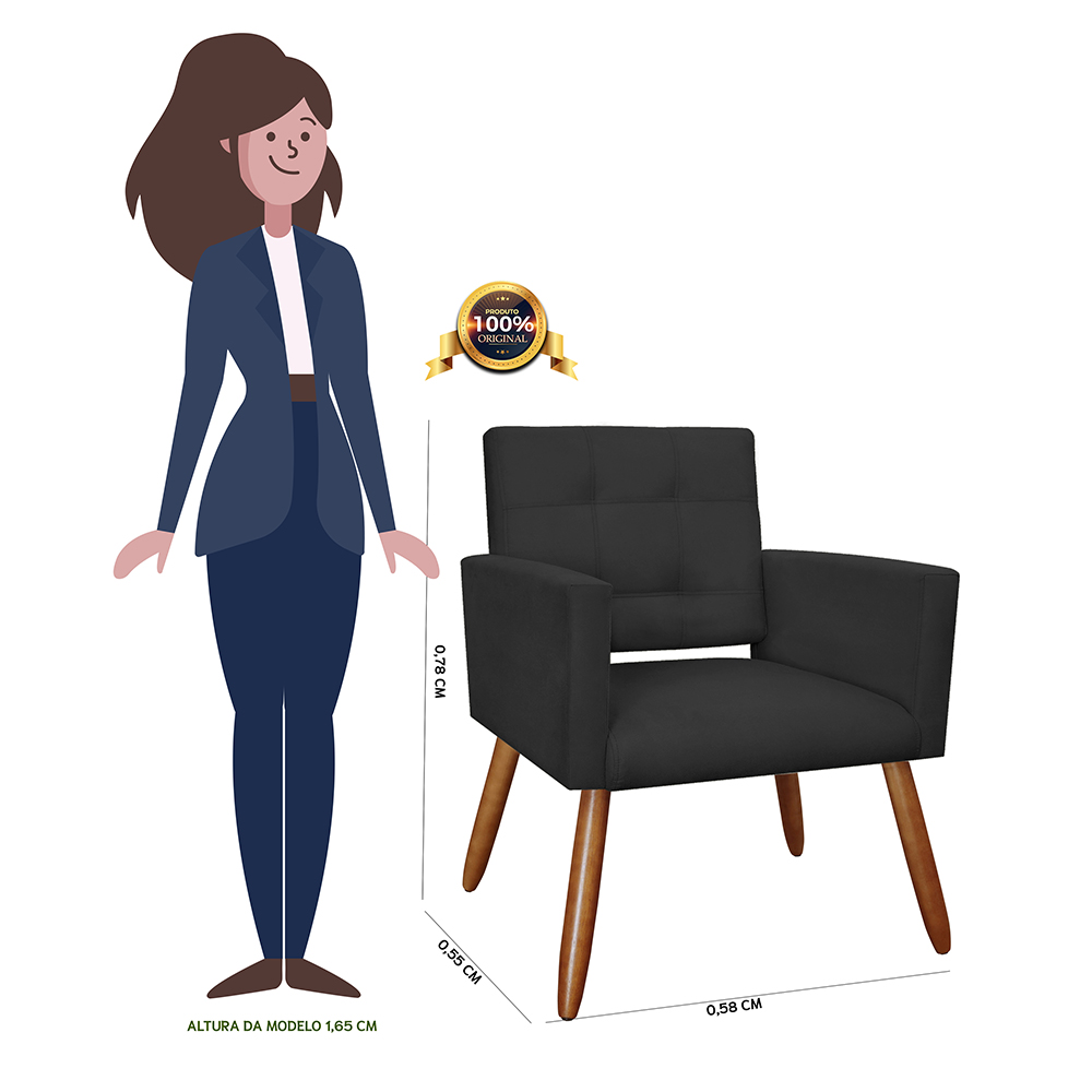 Kit 02 Poltronas Decorativas Camila Pés Palito Suede Preto - DS Estofados