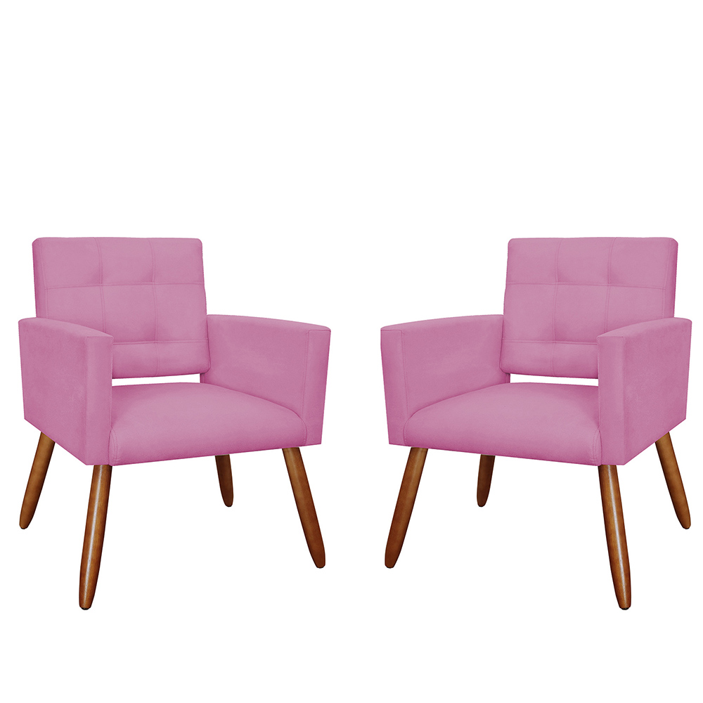 Kit 02 Poltronas Decorativas Camila Pés Palito Suede Rosa - DS Estofados