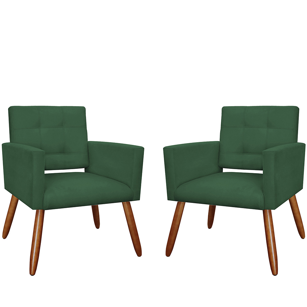 Kit 02 Poltronas Decorativas Camila Pés Palito Suede Verde - DS Estofados