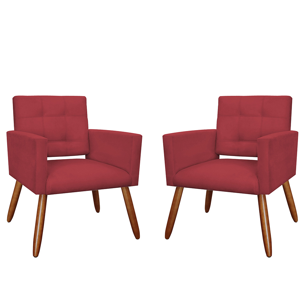 Kit 02 Poltronas Decorativas Camila Pés Palito Suede Vermelho - DS Estofados