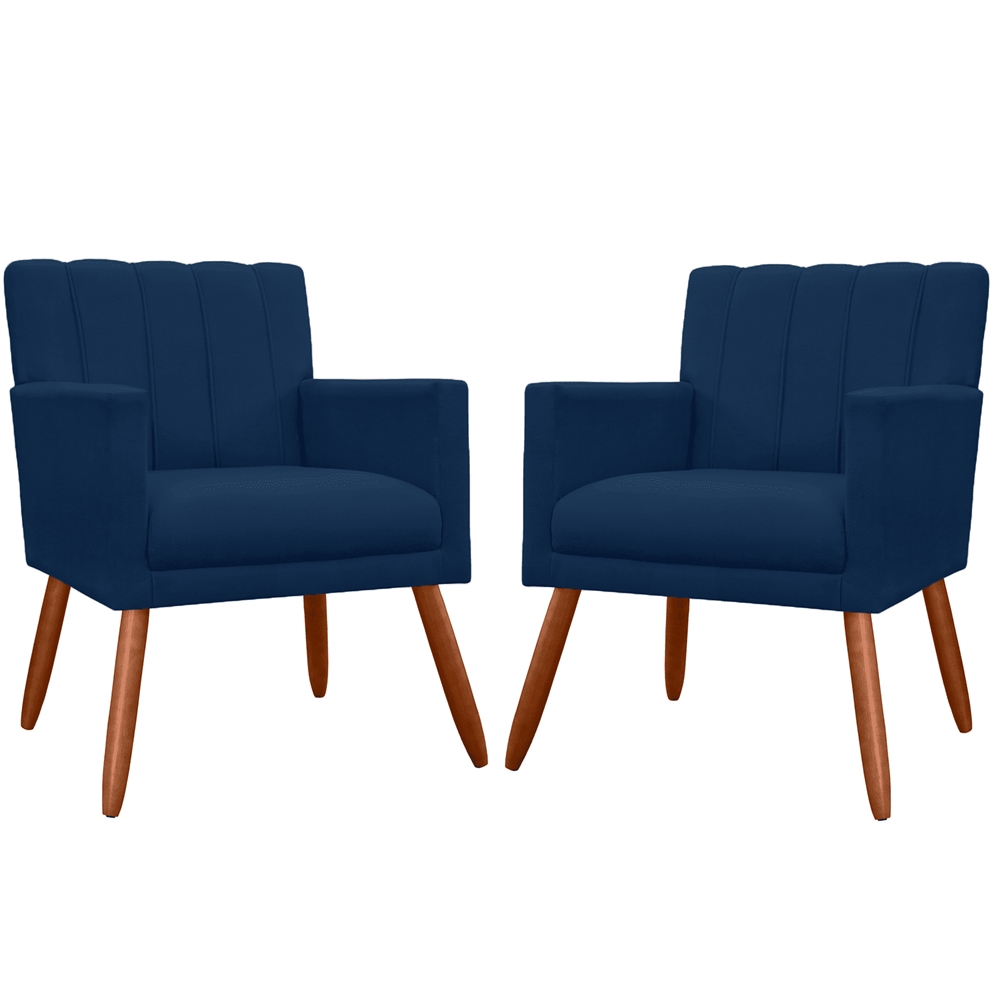 Kit 02 Poltronas Decorativas Cecilia Pés Palito Suede Azul Marinho - DS Estofados