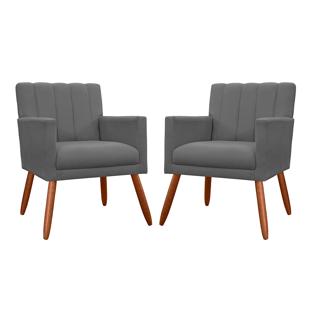 Kit 02 Poltronas Decorativas Cecilia Pés Palito Suede Cinza - DS Estofados