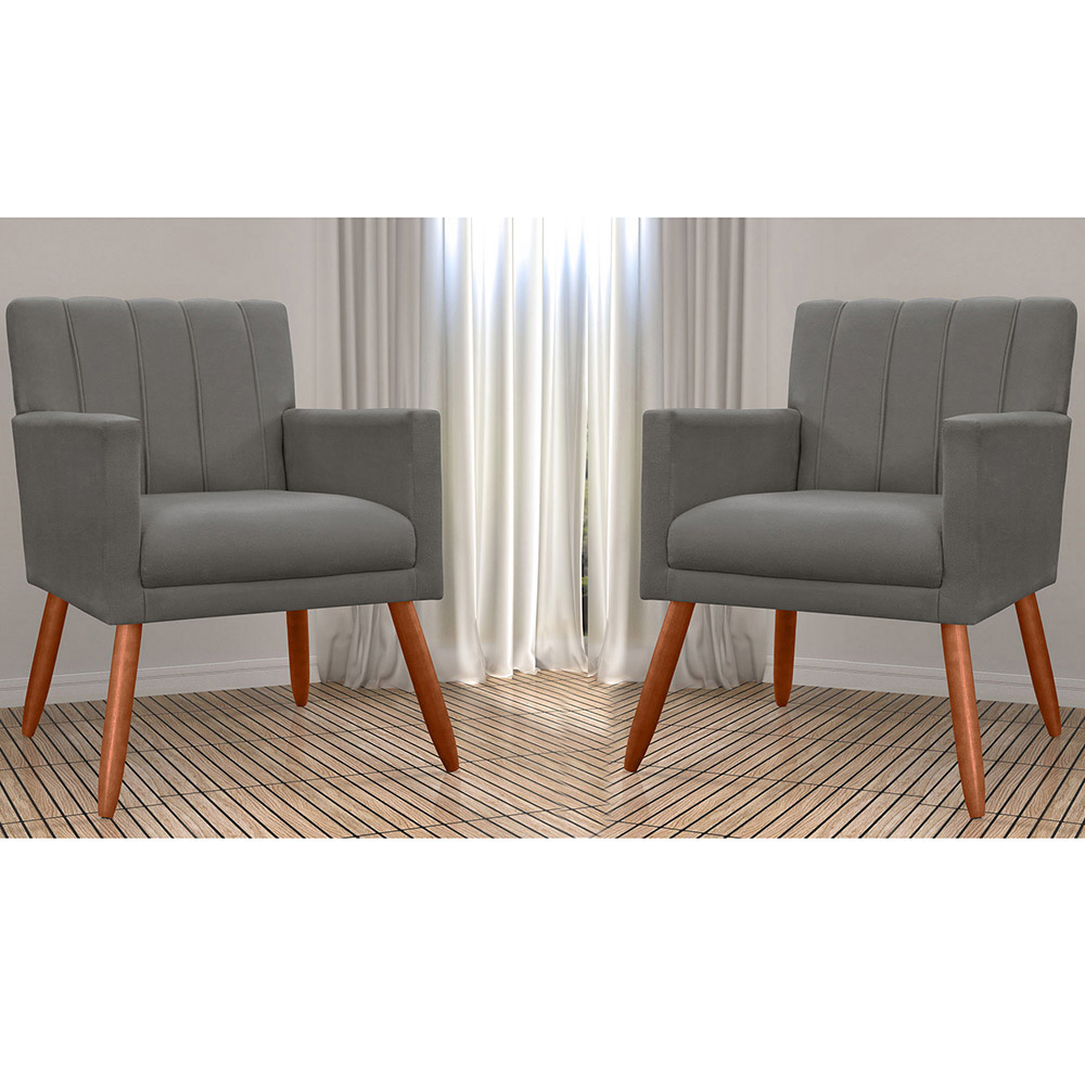 Kit 02 Poltronas Decorativas Cecilia Pés Palito Suede Cinza - DS Estofados