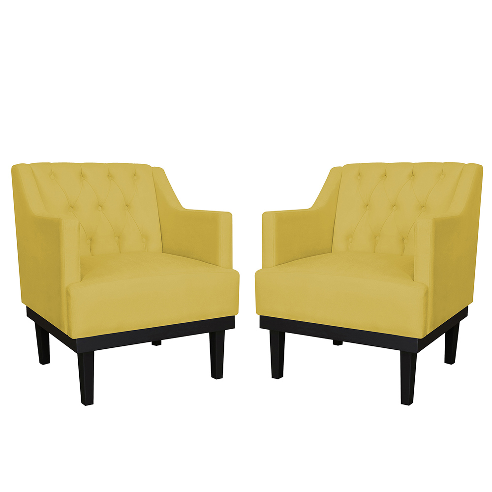 Kit 02 Poltronas Decorativas Clássica Com Base Madeira Suede Amarelo - DS Estofados