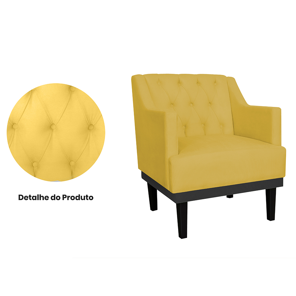 Kit 02 Poltronas Decorativas Clássica Com Base Madeira Suede Amarelo - DS Estofados