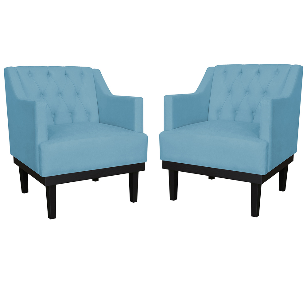 Kit 02 Poltronas Decorativas Clássica Com Base Madeira Suede Azul Turquesa - DS Estofados