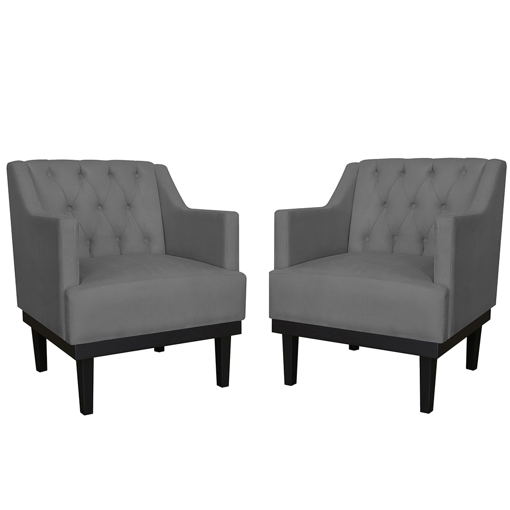 Kit 02 Poltronas Decorativas Clássica Com Base Madeira Suede Cinza - DS Estofados