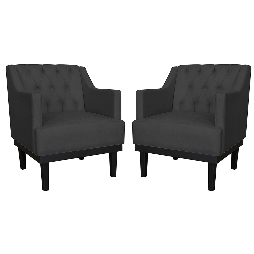 Kit 02 Poltronas Decorativas Clássica Com Base Madeira Suede Preto - DS Estofados