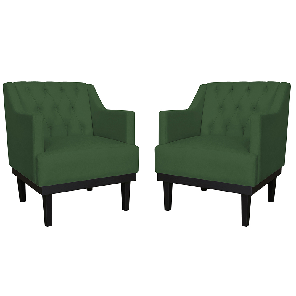 Kit 02 Poltronas Decorativas Clássica Com Base Madeira Suede Verde - DS Estofados