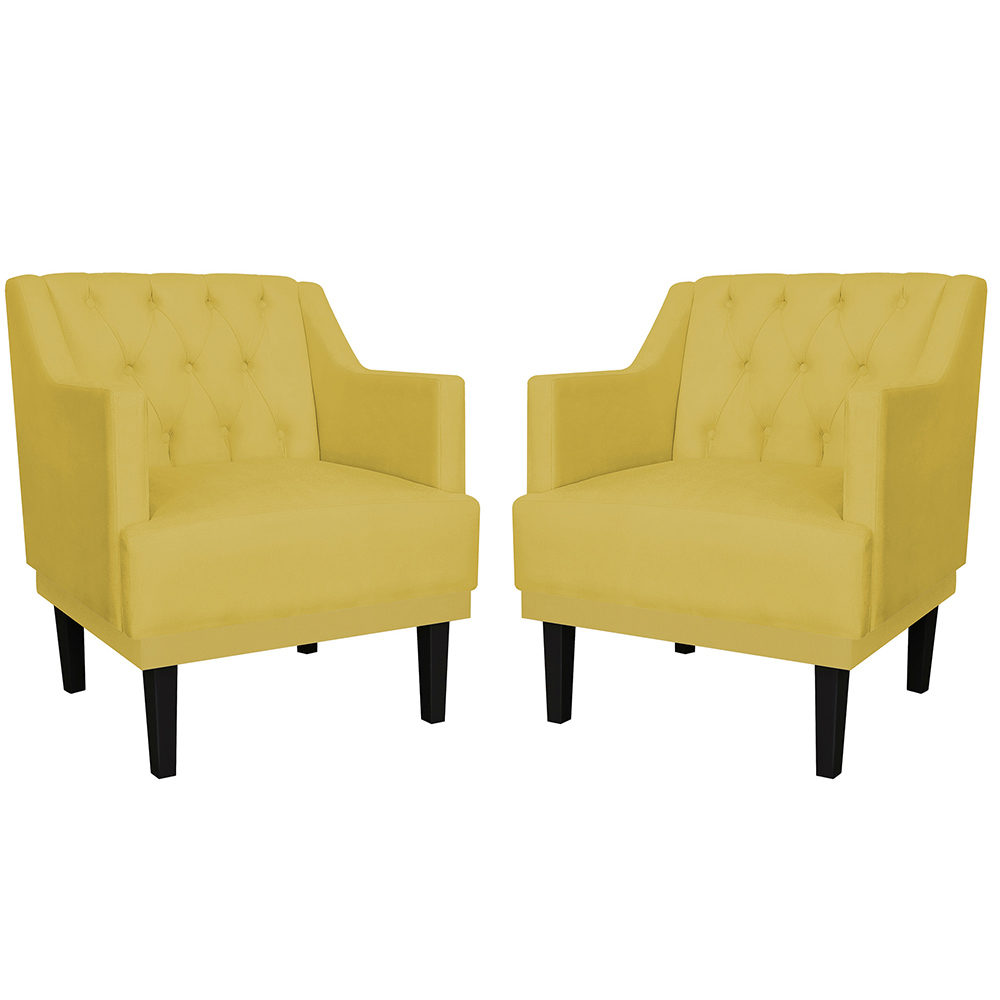 Kit 02 Poltronas Decorativas Clássica Pés Trapézio Suede Amarelo - DS Estofados